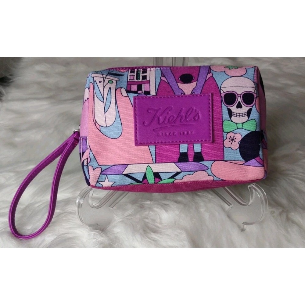 Kiehl's Logo Fabric Zip Top Cosmetic Makeup Bag Pouch Wristlet Toiletry Travel